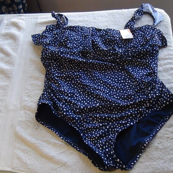 Kona Sol Swimsuit Womens One Piece Removeable Pads Polk-a-dot Blue M,14, XL 22 - Picture 3 of 14